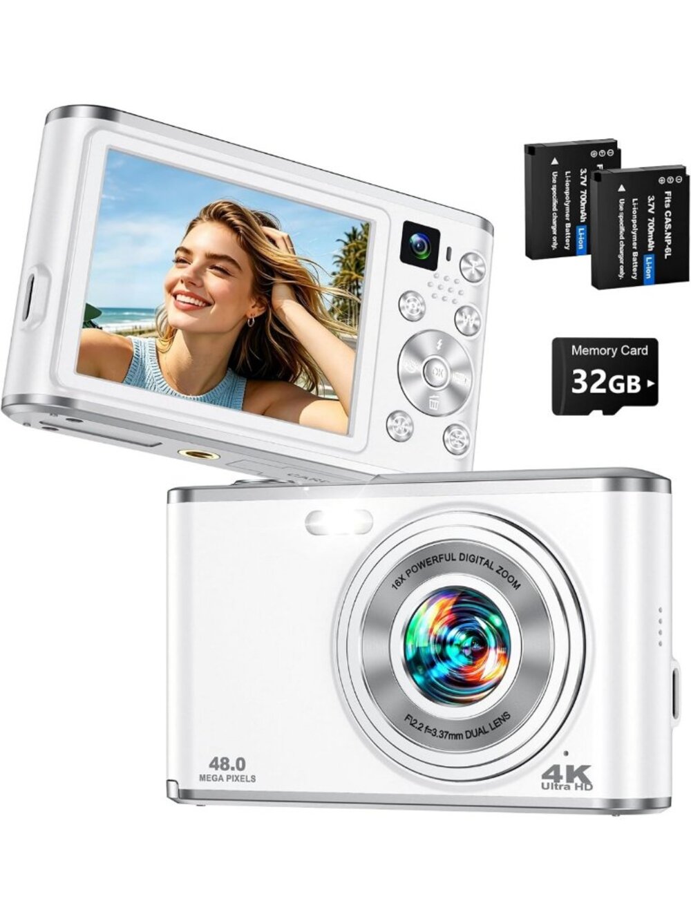 48MP 4K Digital Camera - Dual Lens, Autofocus, 16X Zoom, Compact & Stylish